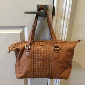 Cole Haan Heritage Weave Leather Archer Satchel Bag in Cognac with Zip Closure